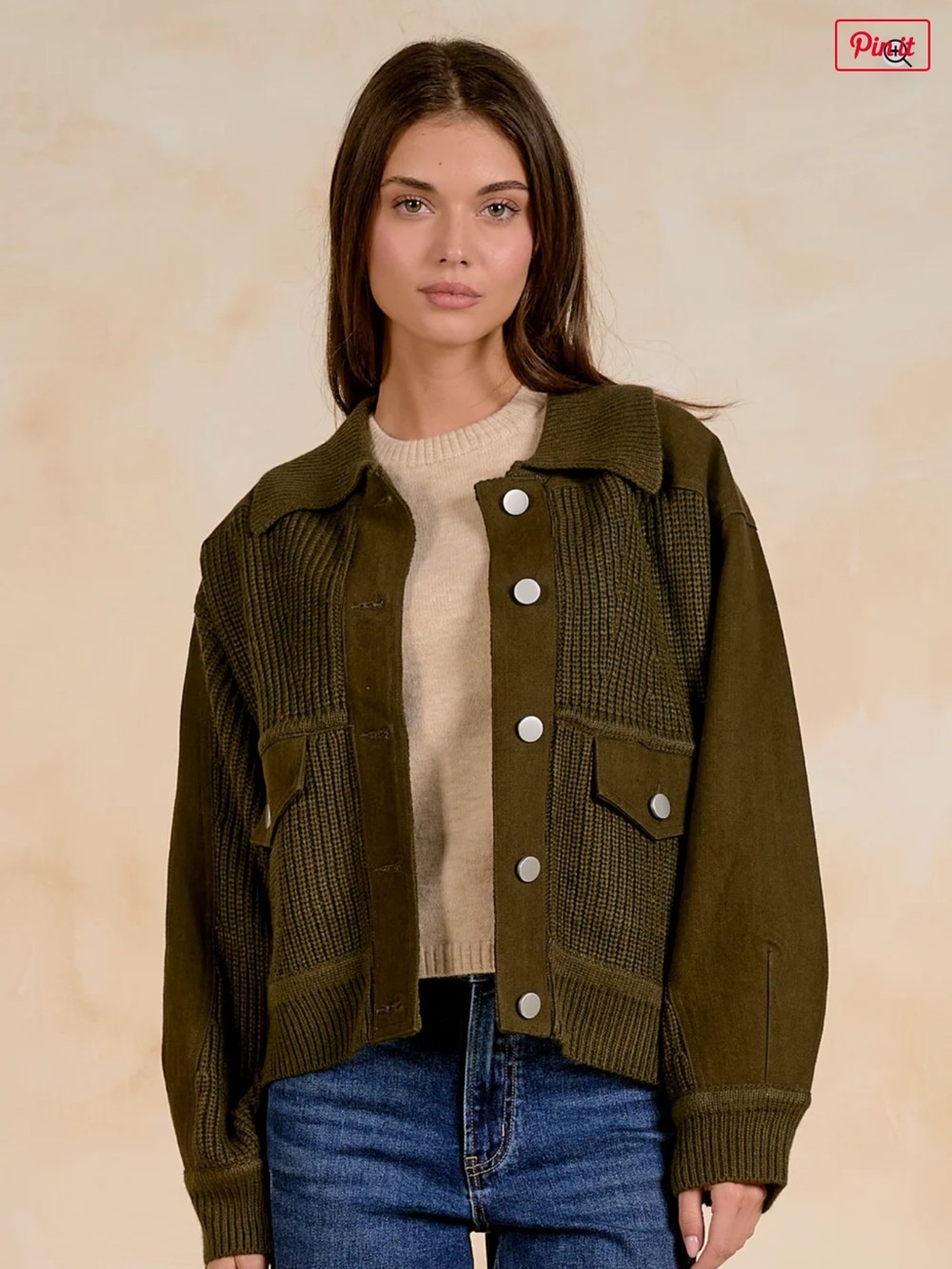 Elan Olive Knit-Panel Utility Jacket